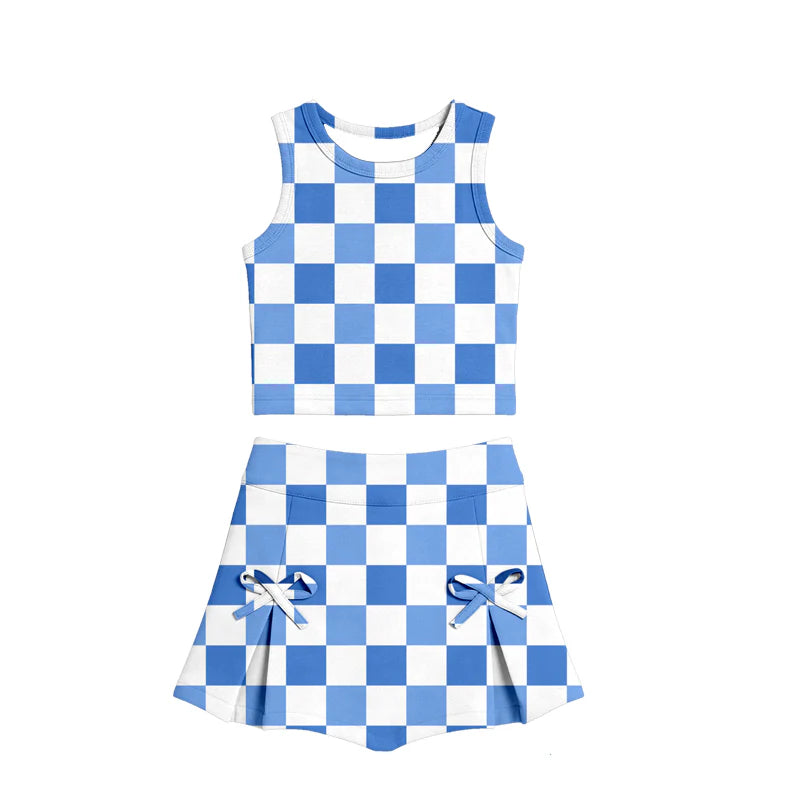 ( Moq 5 ) Preorder Baby Girls Kids Blue Checked Tops  Bows Skirt Shorts Yoga Clothes Summer Set