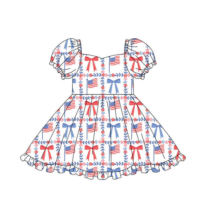 ( Moq 5 ) Preorder Baby Girls Kids Short Sleeves Bows Flags 4th of July Dress Summer Clothes
