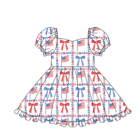 ( Moq 5 ) Preorder Baby Girls Kids Short Sleeves Bows Flags 4th of July Dress Summer Clothes