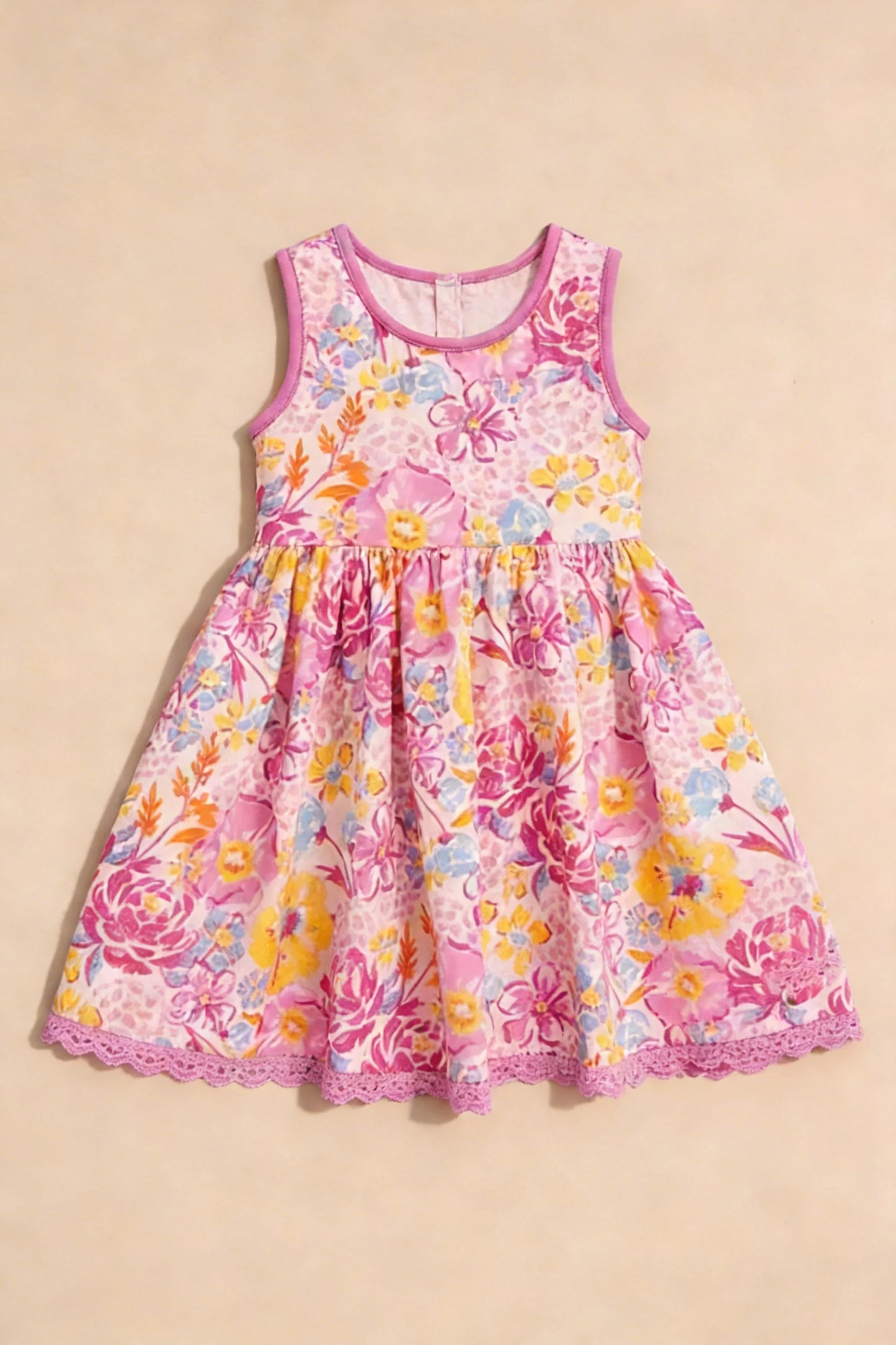 ( Moq 5 ) Preorder Baby Girls Kids Sleeveless Flower Pink Knee Length Dress