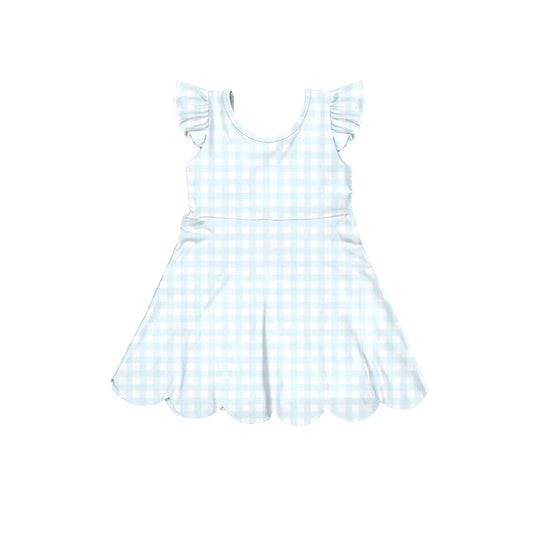 ( Moq 5 ) Preorder Baby Girls Kids Short Sleeves Blue Plaid Yoga Active Knee Length Dress