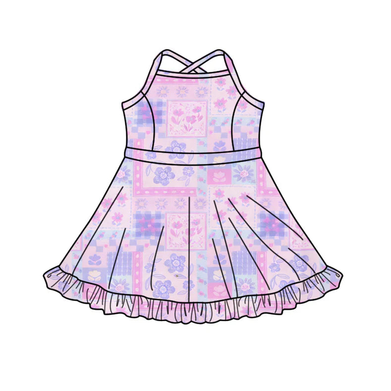 ( Moq 5 ) Preorder Baby Girls Kids Sleeveless Flower Yoga Ruffle Knee Length Dress