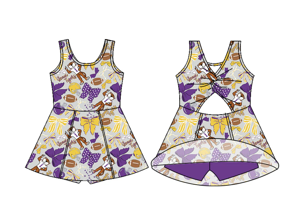 ( Moq 5 ) Preorder Baby Girls Kids Sleeveless Tigers Bows Football Yoga Team Knee Length Dress