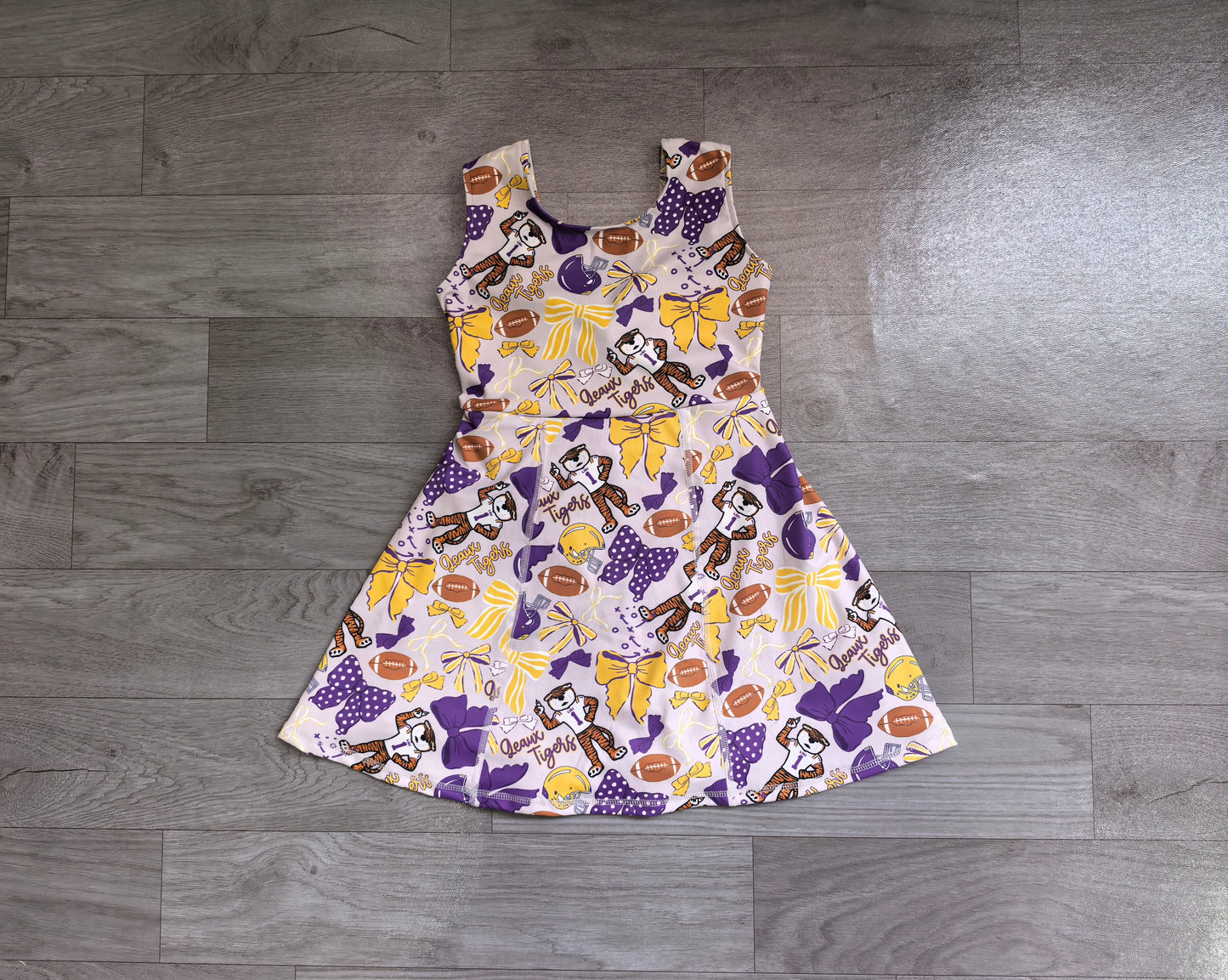 ( No moq ) Preorder Baby Girls Kids Sleeveless Tigers Bows Football Yoga Team Knee Length Dress