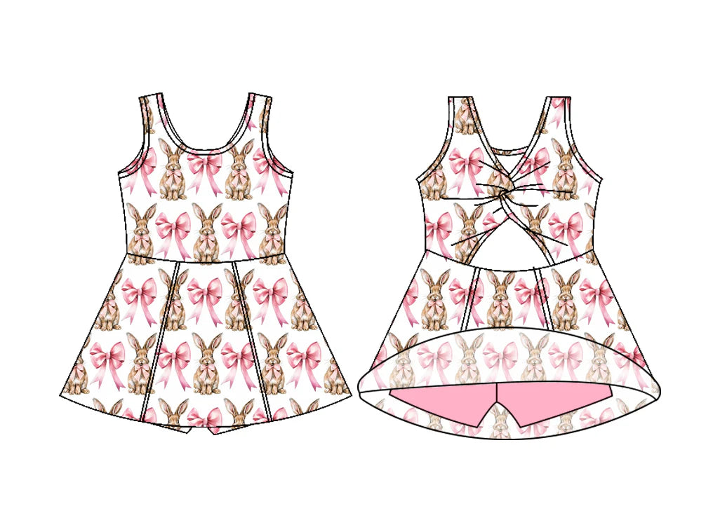 ( Moq 5 ) Preorder Baby Girls Kids Sleeveless Rabbits Pink Bows Yoga Easter Knee Length Dress