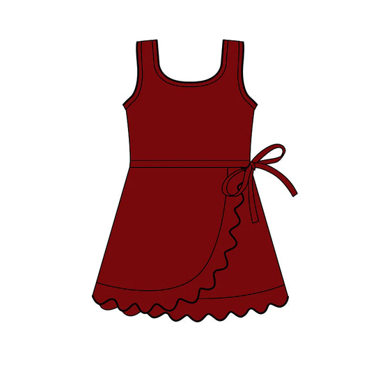 ( Moq 5 ) Preorder Baby Girls Kids Sleeveless Dark Red Shorts Scallop Knee Length Dress