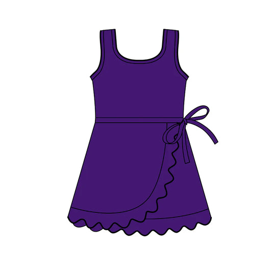 ( Moq 5 ) Preorder Baby Girls Kids Sleeveless Purple Shorts Scallop Knee Length Dress