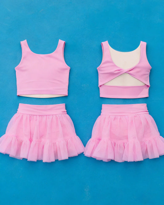 ( Moq 5 ) Preorder Baby Girls Kids Pink Tops Tulle Skirt Shorts Set Yoga Active Summer Clothes