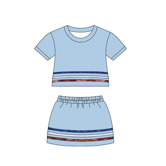 ( Moq 5 ) Preorder Baby Girls Kids Short Sleeves Shirt Shorts Skirt Summer Blue Set