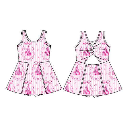 ( Moq 5 ) Preorder Baby Girls Kids Sleeveless Castles Bows Floral Shorts Knee Length Pink Dress