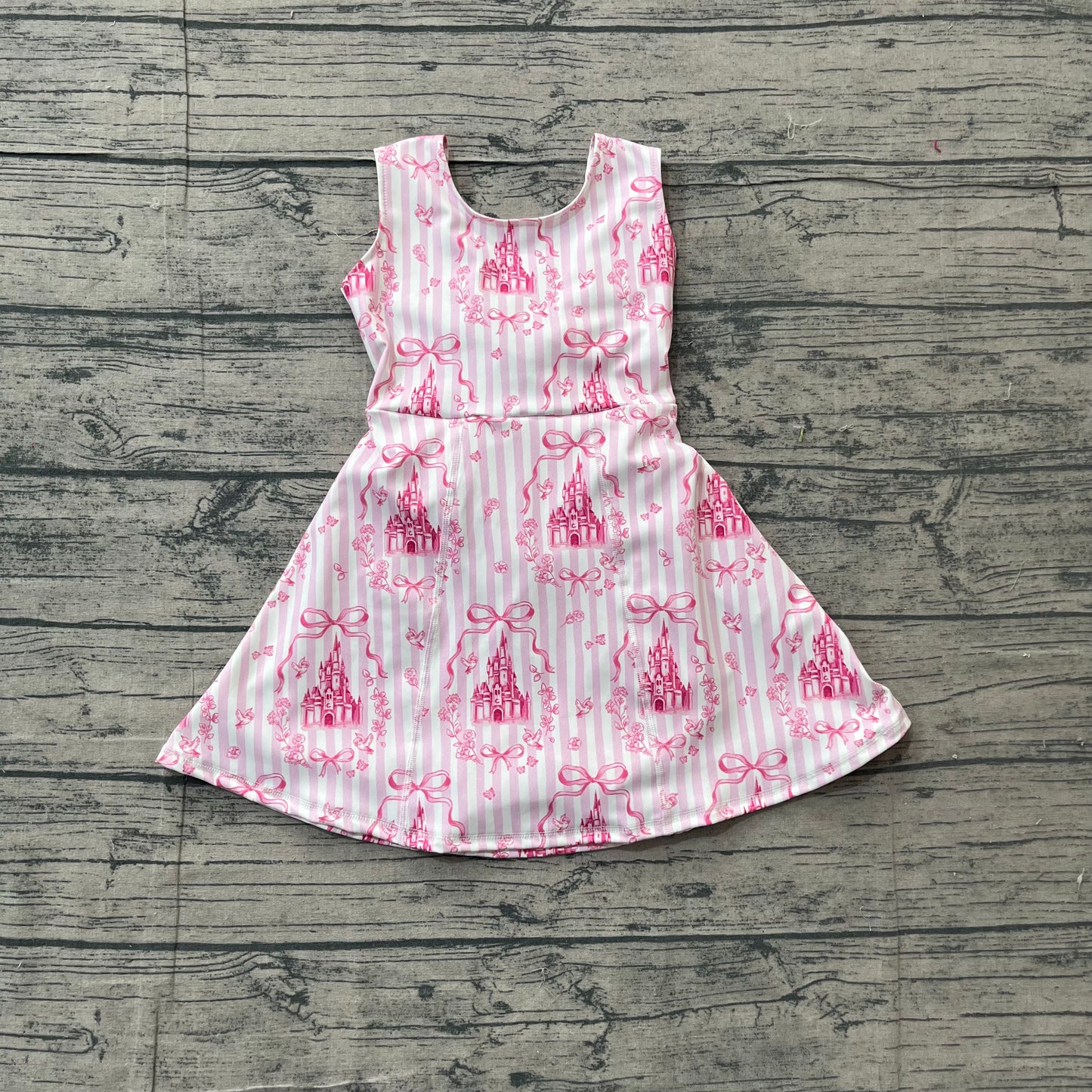 ( No moq ) Preorder Baby Girls Kids Sleeveless Castles Bows Floral Shorts Knee Length Pink Dress