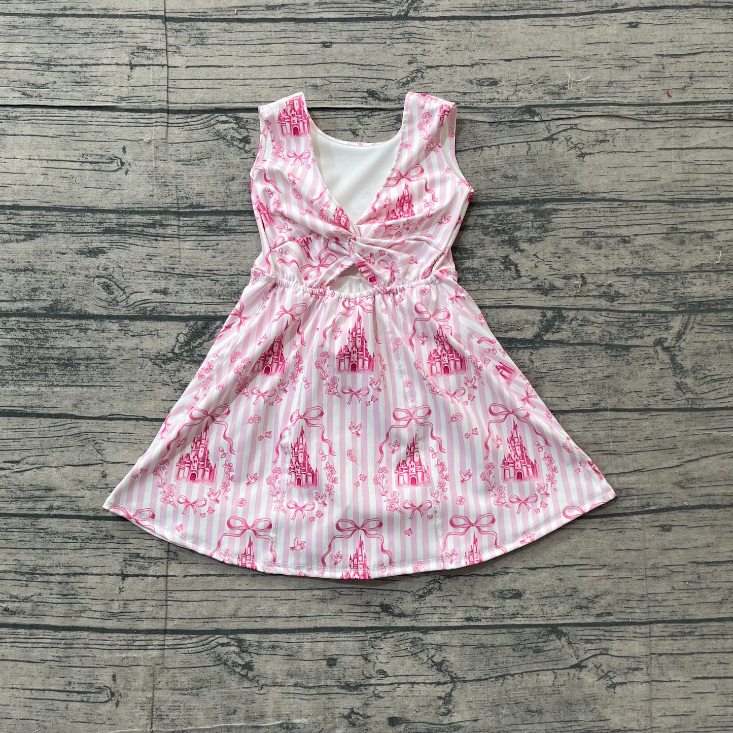 ( No moq ) Preorder Baby Girls Kids Sleeveless Castles Bows Floral Shorts Knee Length Pink Dress