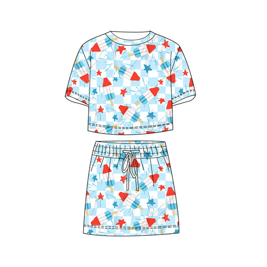 ( Moq 5 ) Preorder Baby Girls Kids Popsicle Stars Checked Shirt Shorts Skirt 4th of July Set