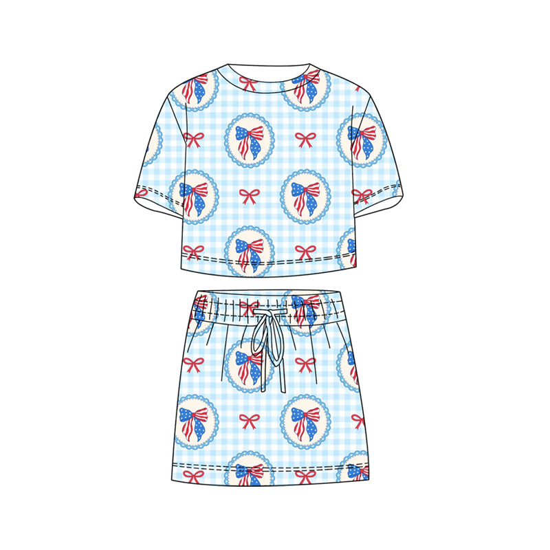( Moq 5 ) Preorder Baby Girls Kids Short Sleeves Bows Plaid Shirt Shorts Skirt 4th of July Set