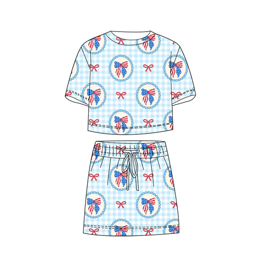 ( Moq 5 ) Preorder Baby Girls Kids Short Sleeves Bows Plaid Shirt Shorts Skirt 4th of July Set