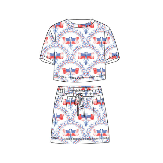 ( Moq 5 ) Preorder Baby Girls Kids Short Sleeves Flags Bows Shirt Shorts Skirt 4th of July Set
