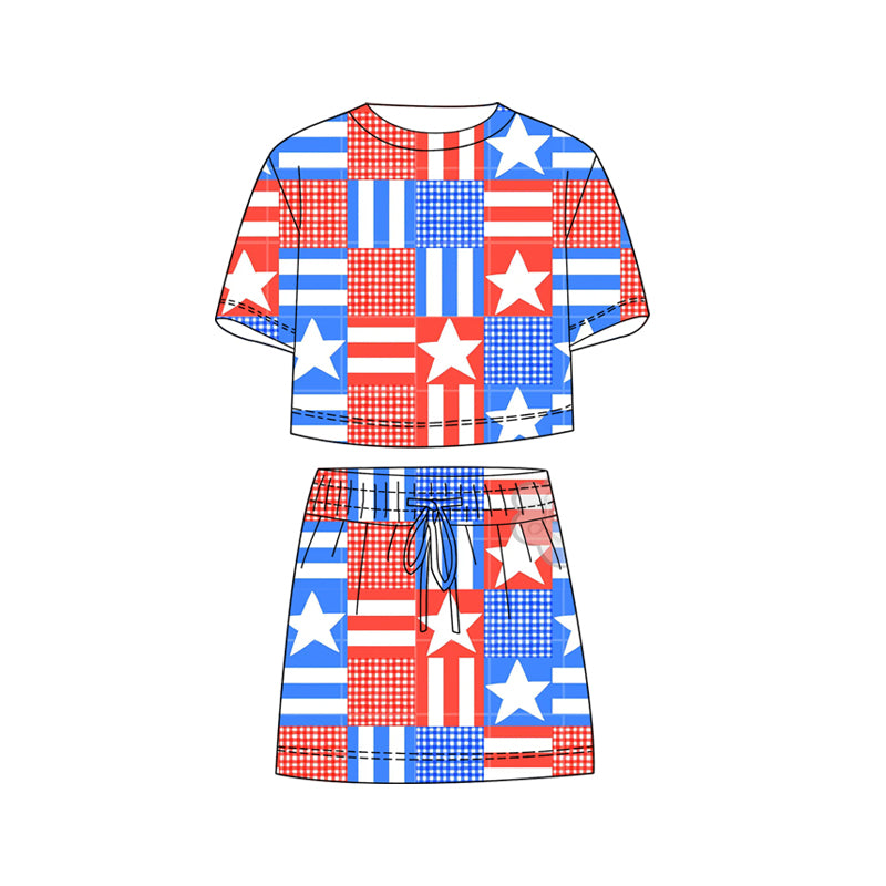 ( Moq 5 ) Preorder Baby Girls Kids Short Sleeves Stars Plaid Shirt Shorts Skirt 4th of July Set