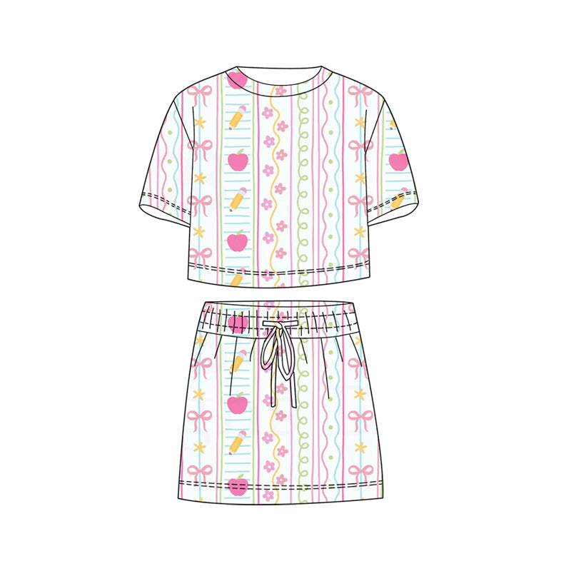 ( Moq 5 ) Preorder Baby Girls Kids Short Sleeves Pencil Flower Bows Shirt Shorts Skirt Back To School Set