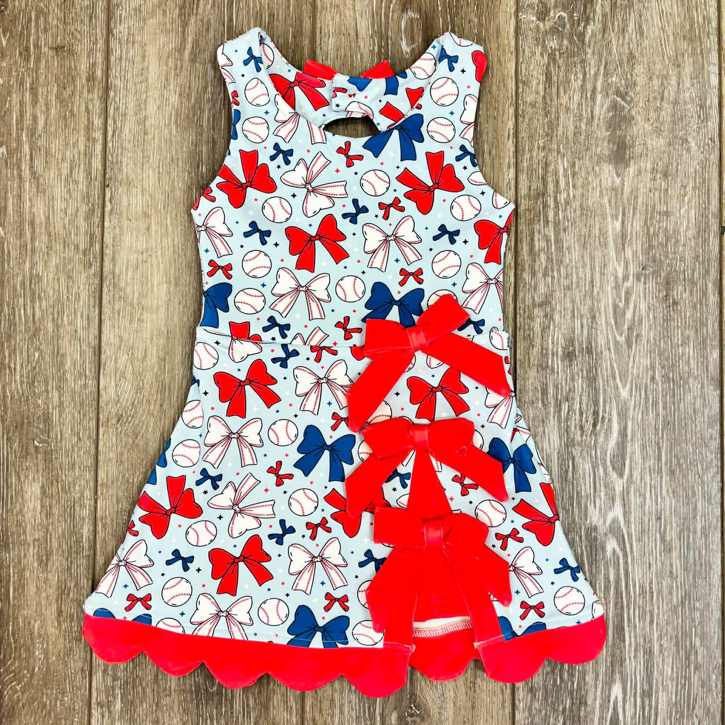 ( Moq 5 ) Preorder Baby Girls Kids Baseball Bows Shorts Knee Length 4th of July Yoga Dress