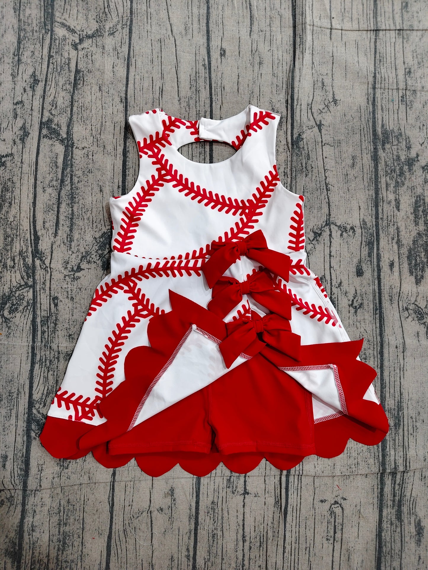 ( No moq ) Preorder Baby Girls Kids Baseball Red Bows Shorts Knee Length Yoga Active Dress