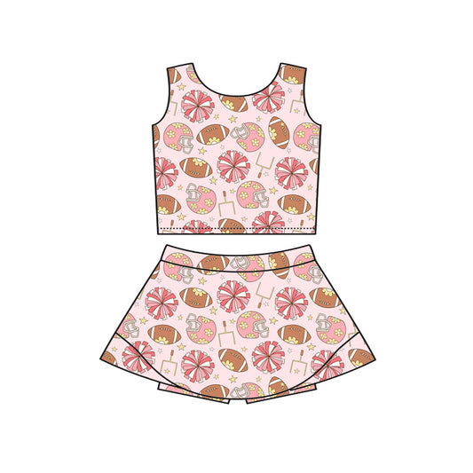 ( Moq 5 ) Preorder Baby Girls Kids Football Flower Cheer Tops Skirt Shorts Yoga Summer Set
