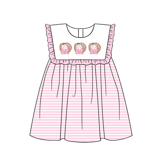 ( Moq 5 ) Preorder Baby Girls Kids Baseball Bows Pink Stripes Ruffle Knee Length Dress