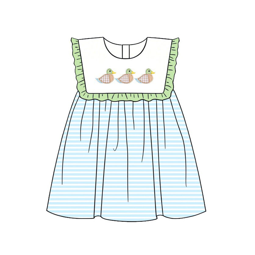 ( Moq 5 ) Preorder Baby Girls Kids Ducks Blue Stripes Ruffle Knee Length Dress