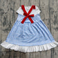 ( No moq ) Preorder Baby Girls Kids Blue Plaid 4th of July Ruffle Knee Length Dress