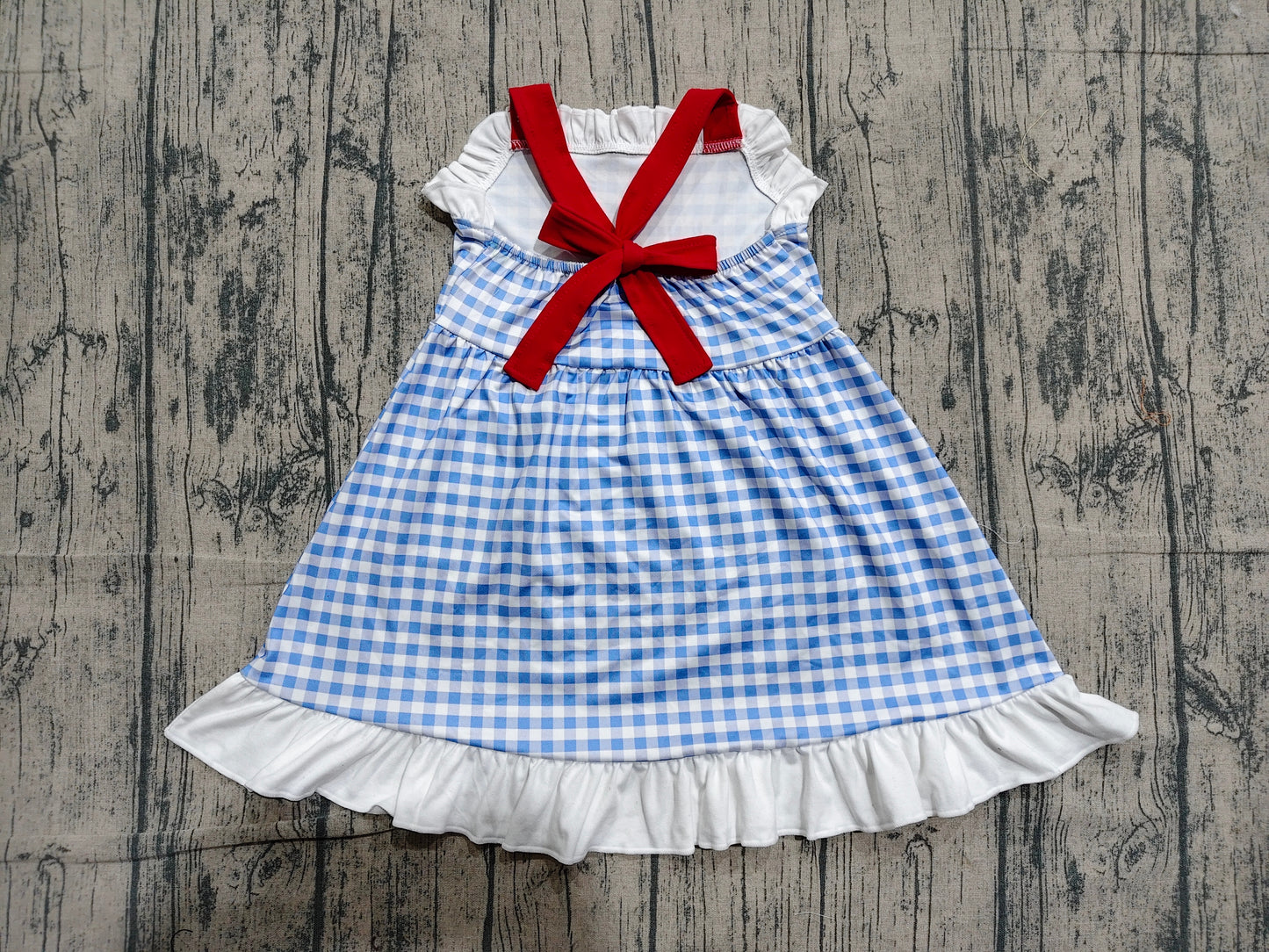 ( No moq ) Preorder Baby Girls Kids Blue Plaid 4th of July Ruffle Knee Length Dress