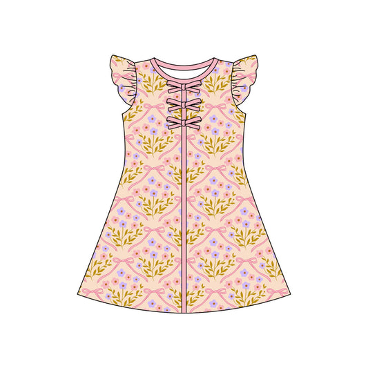 ( Moq 5 ) Preorder Baby Girls Kids Short Sleeves Flower Bows Knee Length Dress