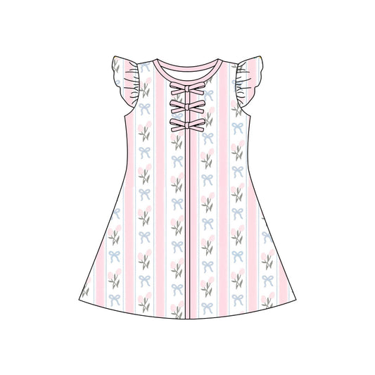 ( Moq 5 ) Preorder Baby Girls Short Sleeves Bows Flower Bows Knee Length Dress