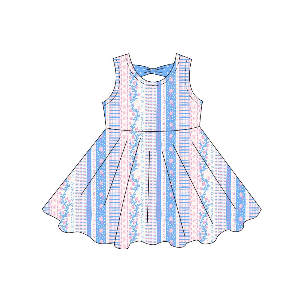 ( Moq 5 ) Preorder Baby Girls Kids Sleeveless Floral Stripes Summer Knee Length Dress