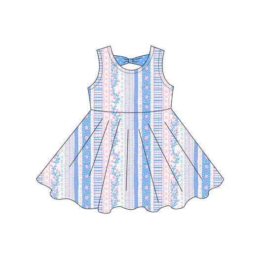 ( Moq 5 ) Preorder Baby Girls Kids Sleeveless Floral Stripes Summer Knee Length Dress