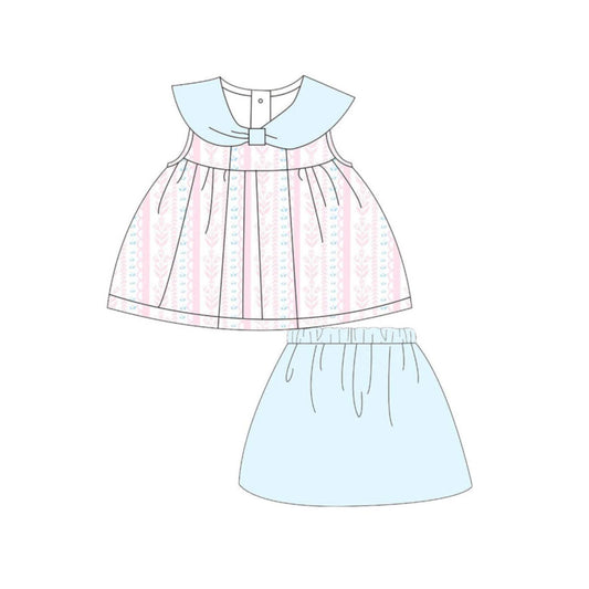 ( Moq 5 ) Preorder Baby Girls Kids Flowers Tunic Blue Skirt Shorts Set Clothes