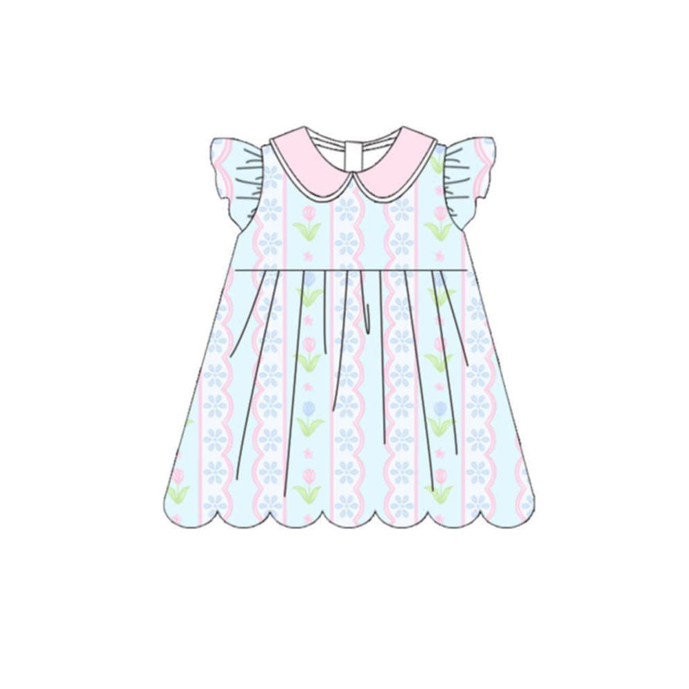 ( Moq 5 ) Preorder Baby Girls Kids Short Sleeves Flower Scallop Knee Length Dress