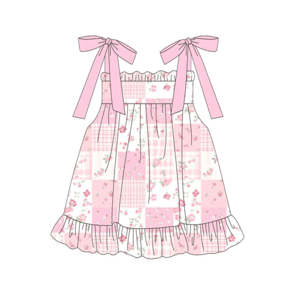 ( Moq 5 ) Preorder Baby Girls Straps Flower Plaid Pink Ruffle Knee Length Dress