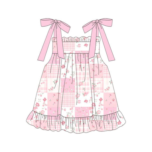 ( Moq 5 ) Preorder Baby Girls Straps Flower Plaid Pink Ruffle Knee Length Dress