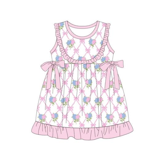 ( Moq 5 ) Preorder Baby Girls Sleeveless Flower Bows Pink Ruffle Knee Length Dress