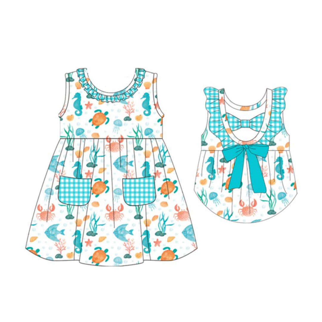 ( Moq 5 ) Preorder Baby Girls Sleeveless Animals Pockets Bows Knee Length Dress