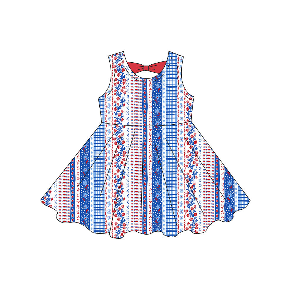 ( Moq 5 ) Preorder Baby Girls Kids Sleeveless Floral Stripes 4th of July Knee Length Dress
