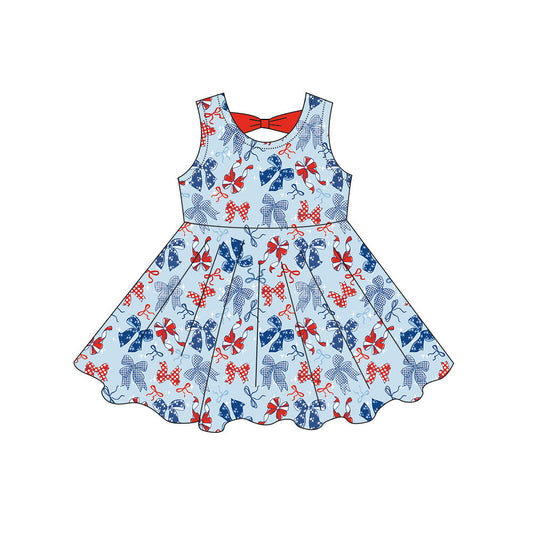 ( Moq 5 ) Preorder Baby Girls Kids Sleeveless Bows 4th of July Knee Length Dress