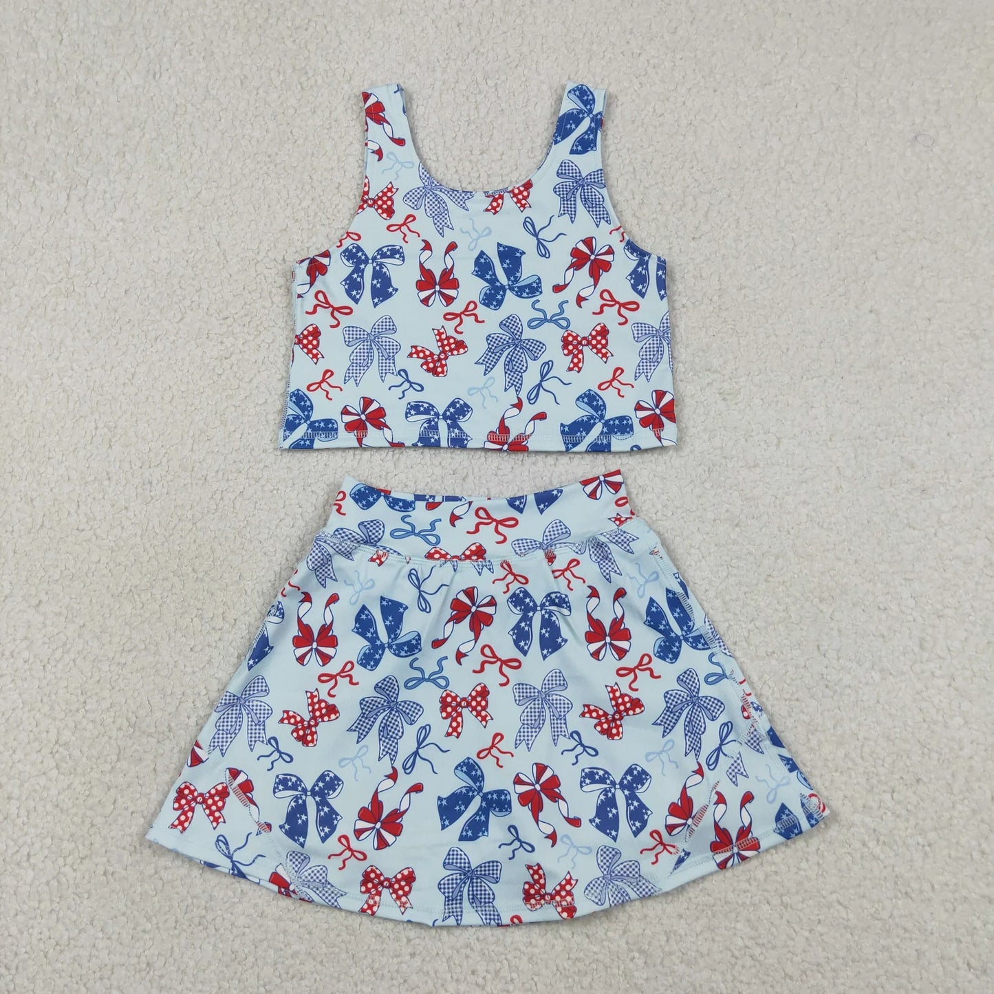 Sibling Baby Girls Kids 4th of July Bows Skort Yoga Active Dress Set Clothes RTS