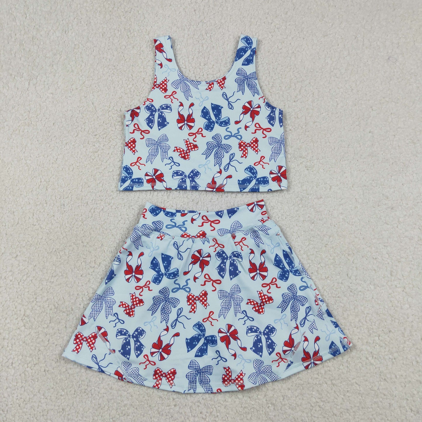 Sibling Baby Girls Kids Flags Bows Tops Skirts Shorts Sets 4th of July Yoga Active Clothes