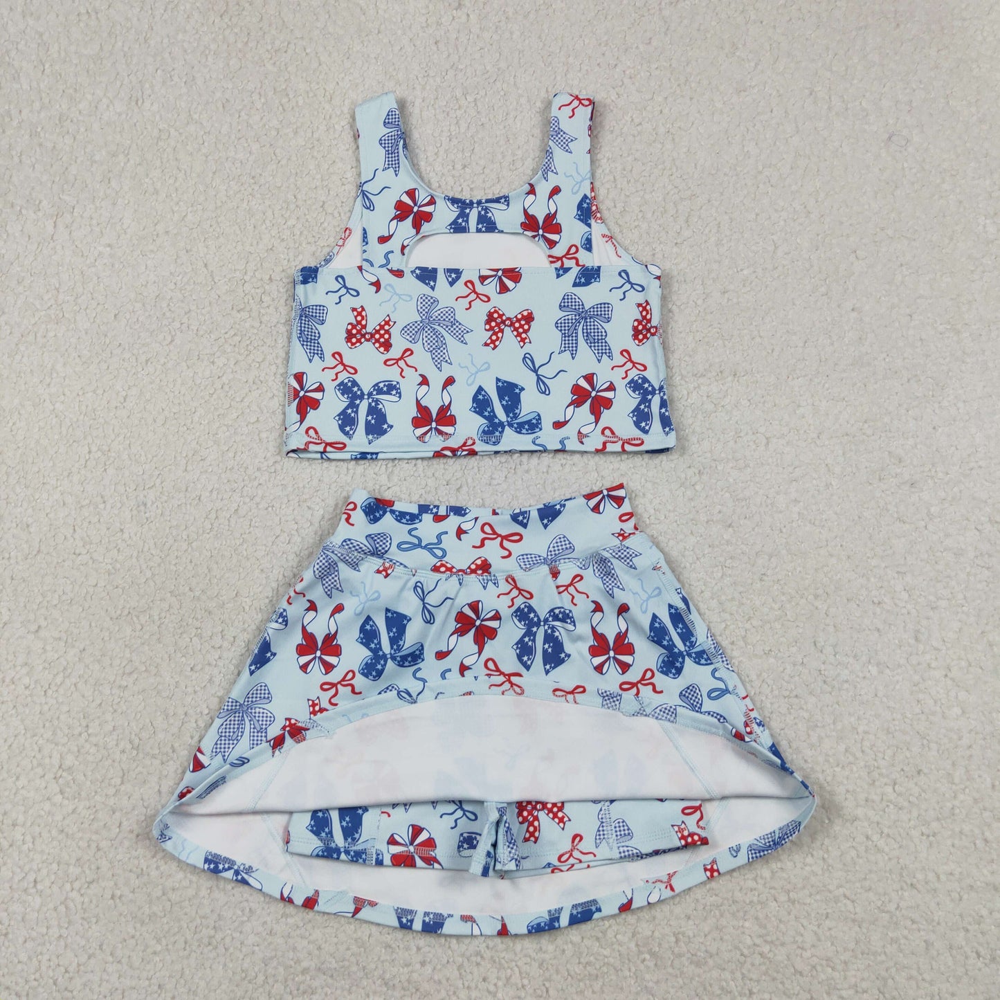 Sibling Baby Girls Kids Flags Bows Tops Skirts Shorts Sets 4th of July Yoga Active Clothes