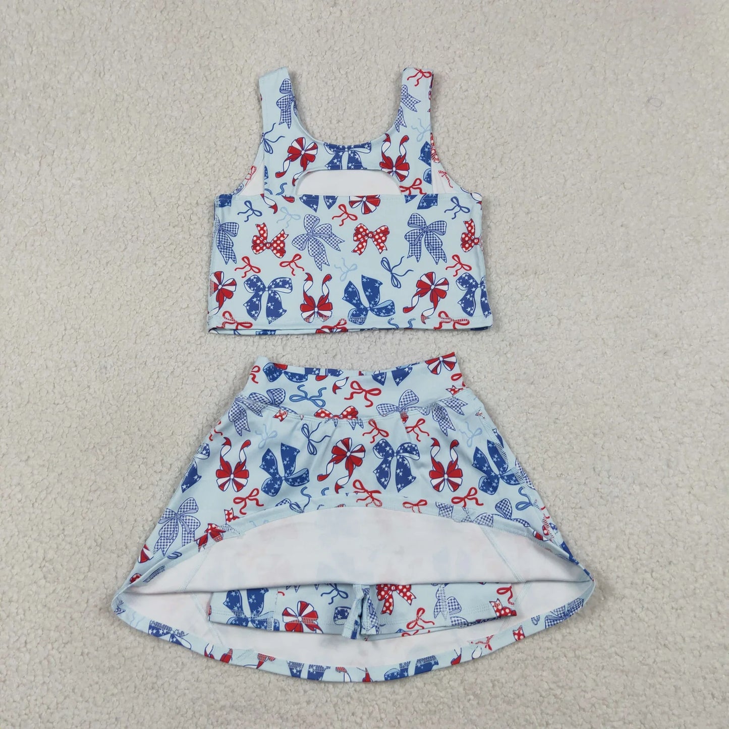 Sibling Baby Girls Kids 4th of July Bows Skort Yoga Active Dress Set Clothes RTS