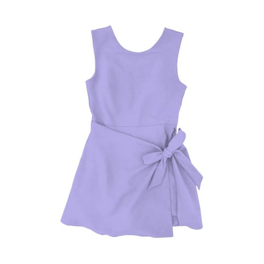 ( Moq 5 ) Preorder Baby Girls Sleeveless Purple Bow Shorts Knee Length Yoga Active Dress