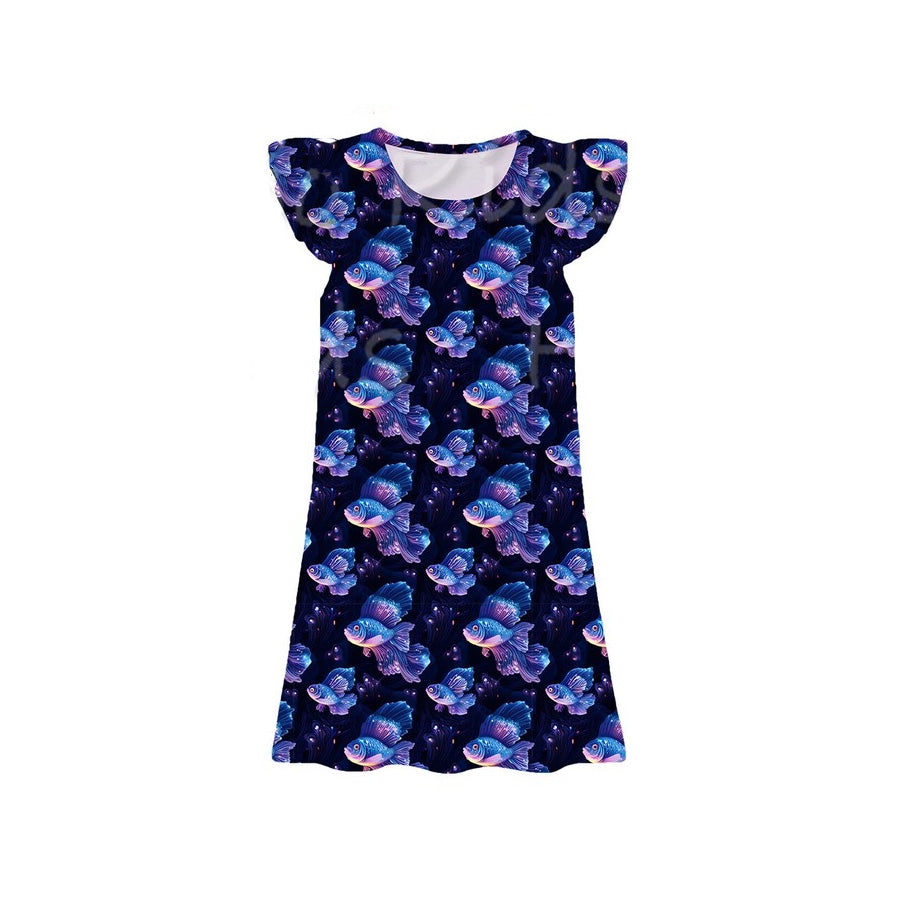 (Moq 5 ) Preorder Baby Girls Kids Shorts Sleeves Fish Knee Length Dress