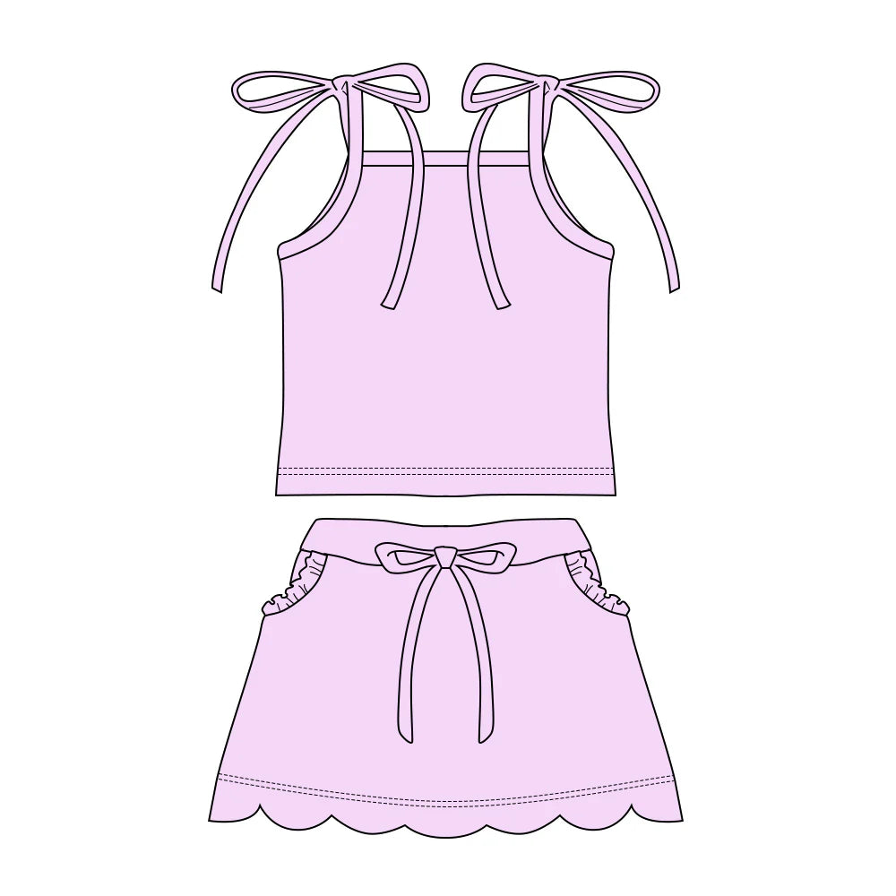( Moq 5 ) Preorder Baby Girls Straps Tops Pockets Scallop Skirt Shorts Purple Set Clothes