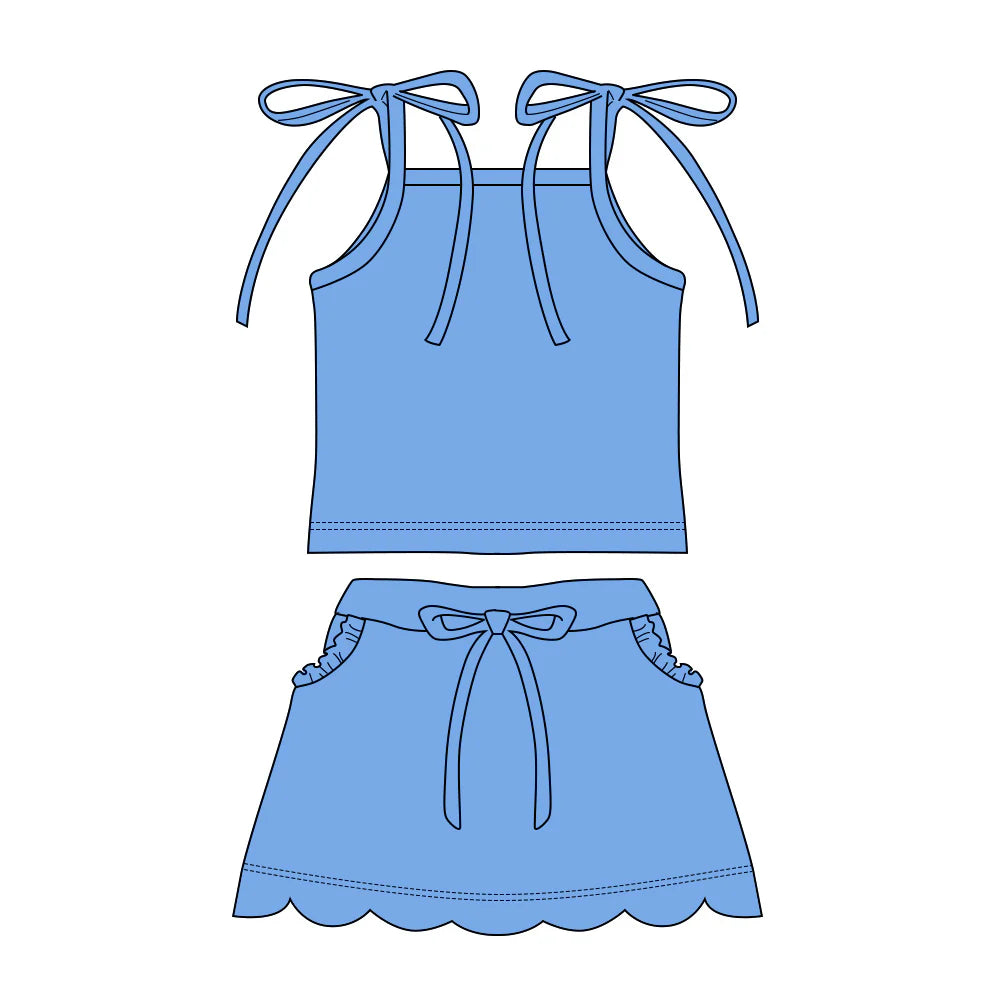( Moq 5 ) Preorder Baby Girls Straps Tops Pockets Scallop Skirt Shorts Blue Set Clothes