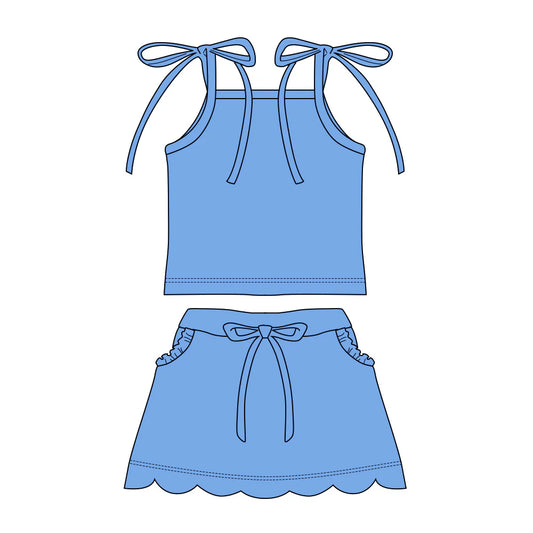 ( Moq 5 ) Preorder Baby Girls Straps Tops Pockets Scallop Skirt Shorts Blue Set Clothes